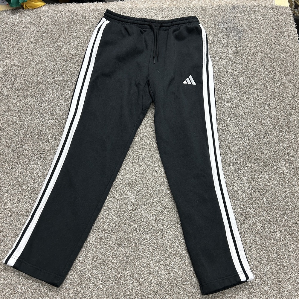 Adidas Sweatpants Mens Medium Black Fleece Elastic Waist Pockets Side Stripe